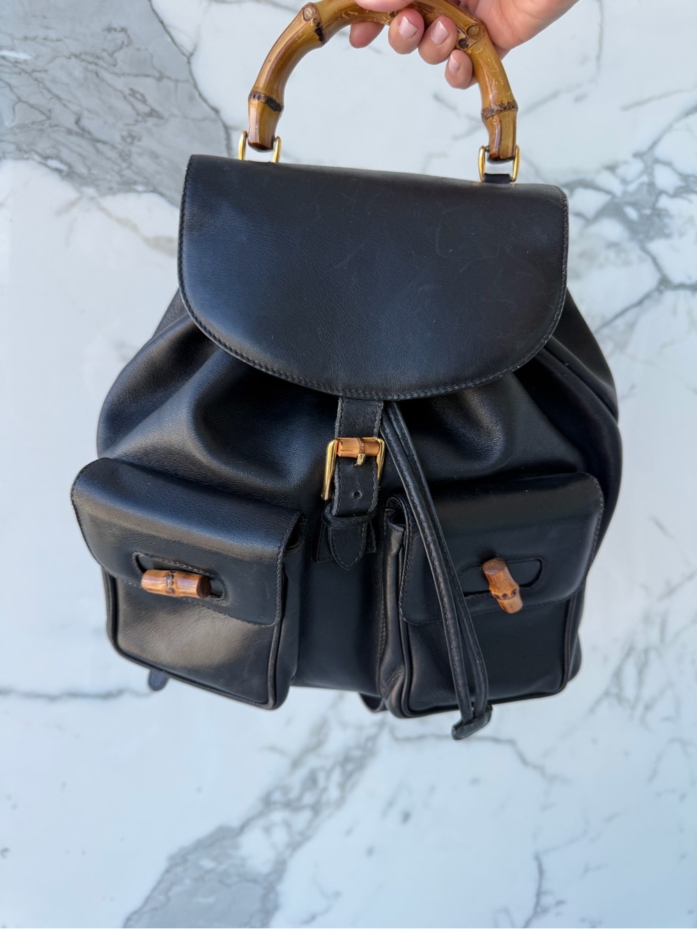 Gucci Black Leather Bamboo Handle Backpack Purse